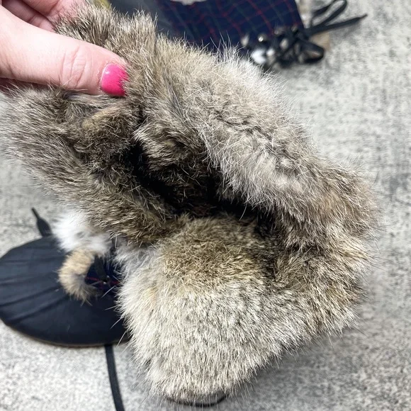 J. Crew plaid navy blue real fur duck boots, fur-lined rain boots, size 9 - Picture 5 of 9